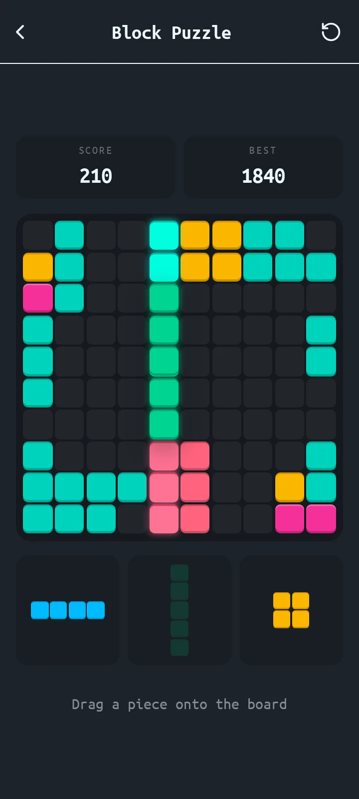 A game in progress: a piece is dragged into place and the column it completes glows