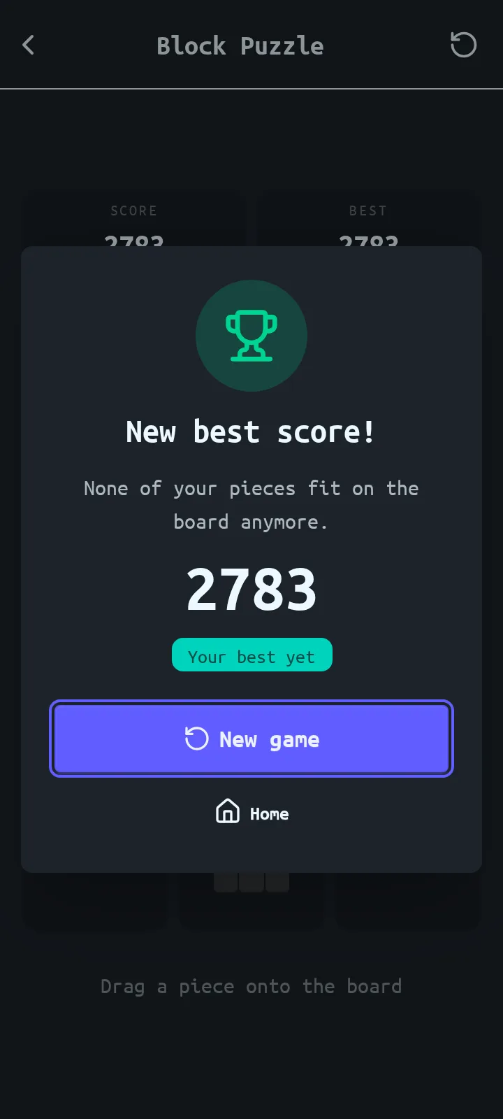 The end of a game with a new best score of 2783