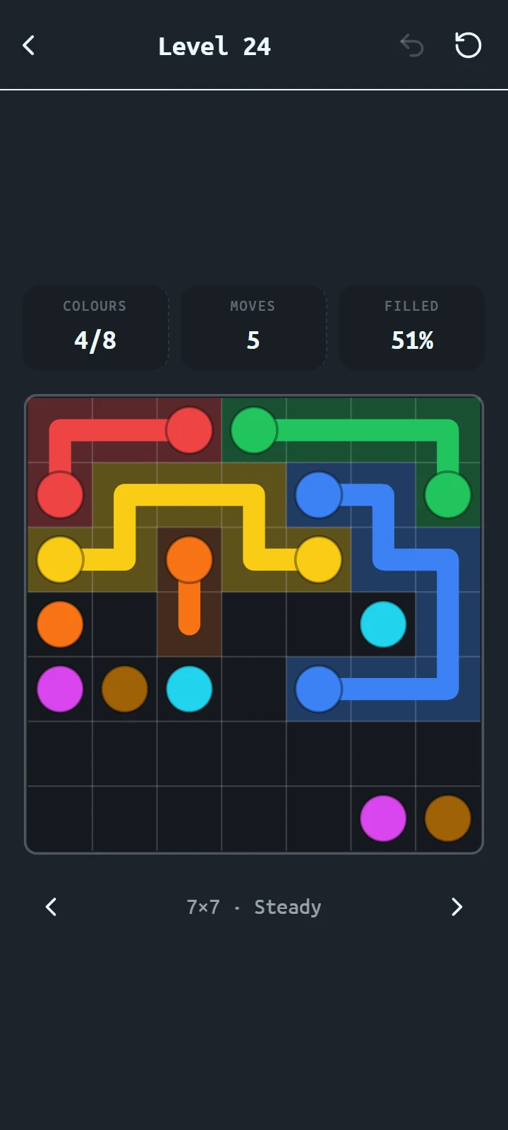 A 7×7 level in progress with the dark theme