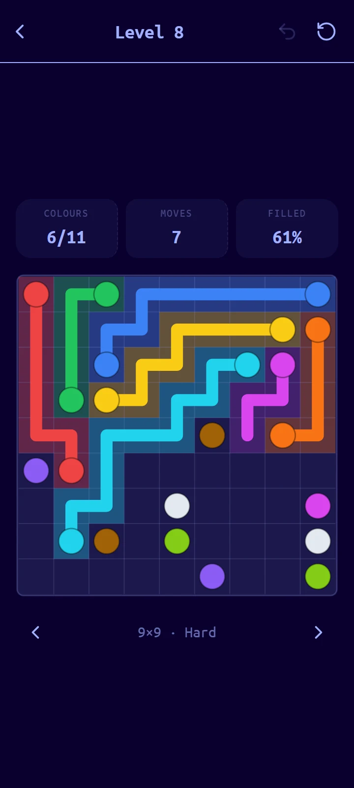 A 9×9 level with the Synthwave theme