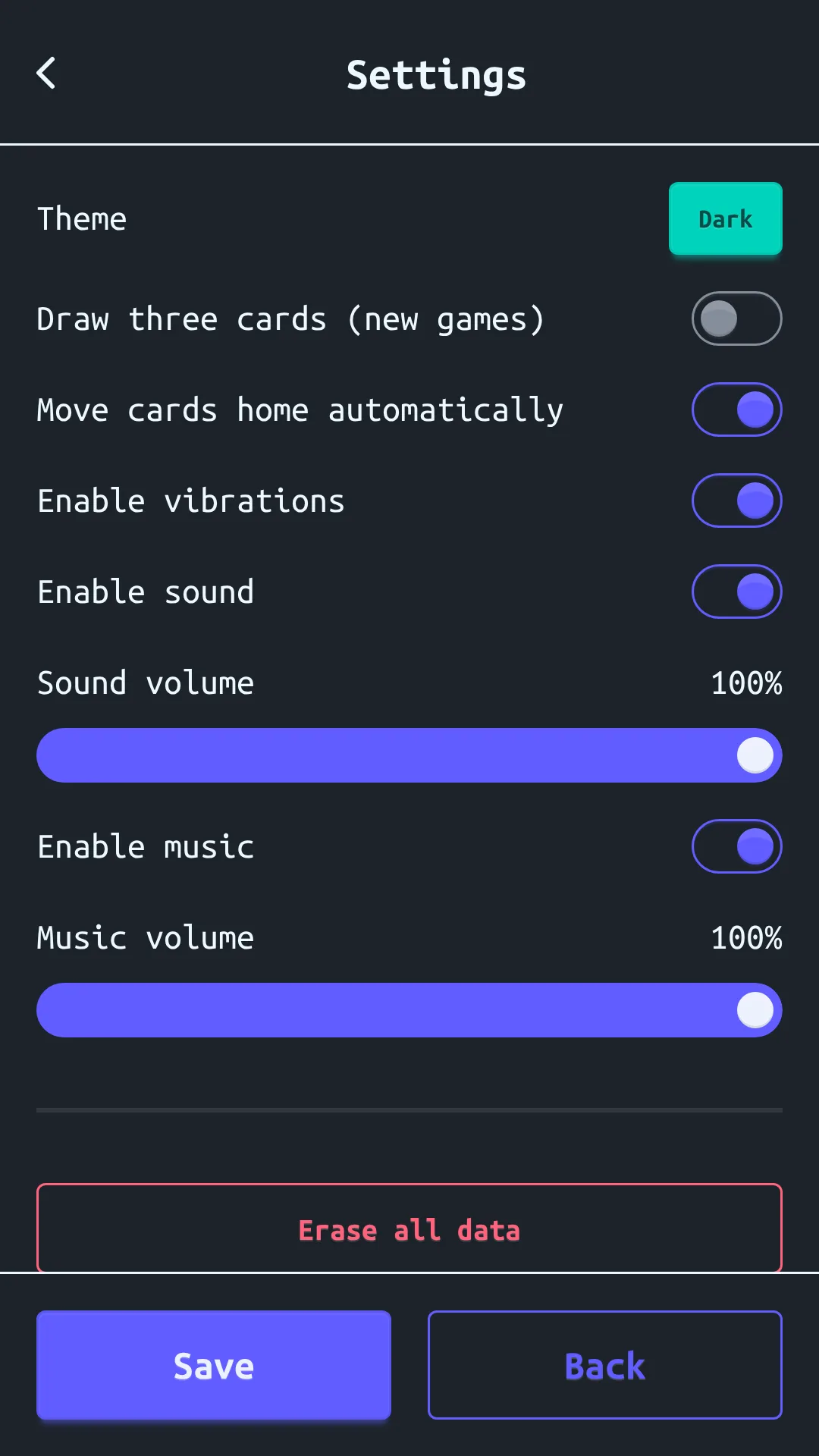Settings screen