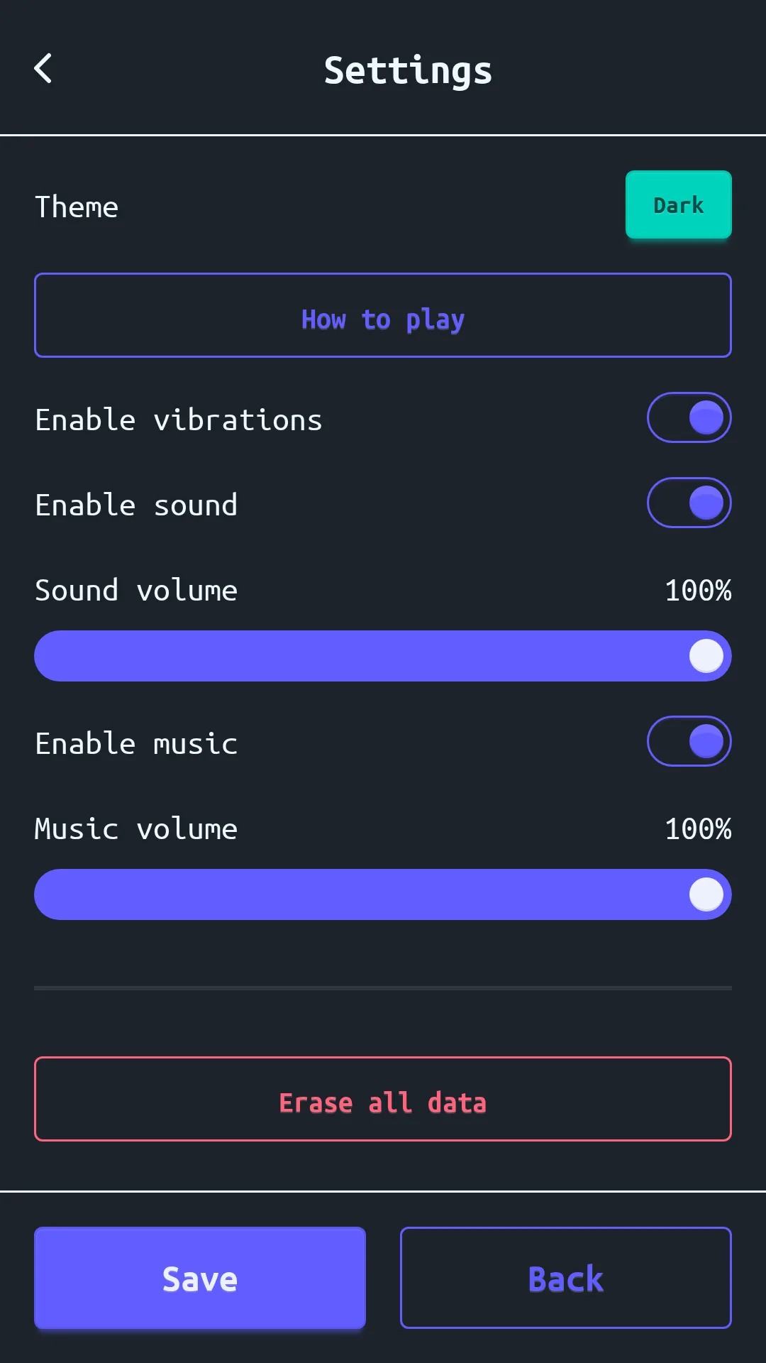Settings screen